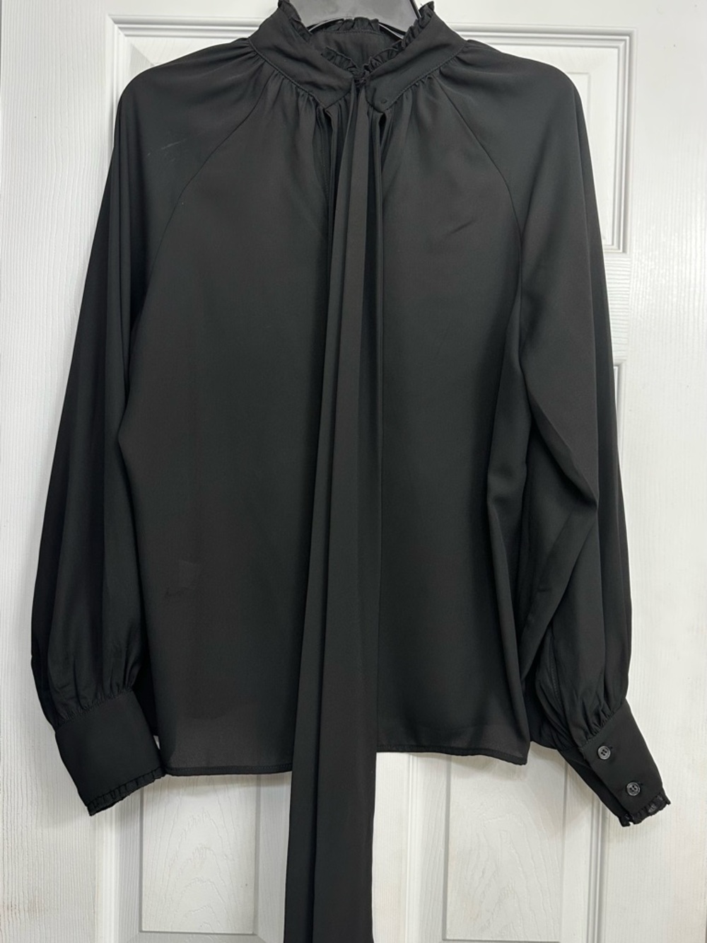 New York & Company Black Tie-Neck Ruffle Blouse